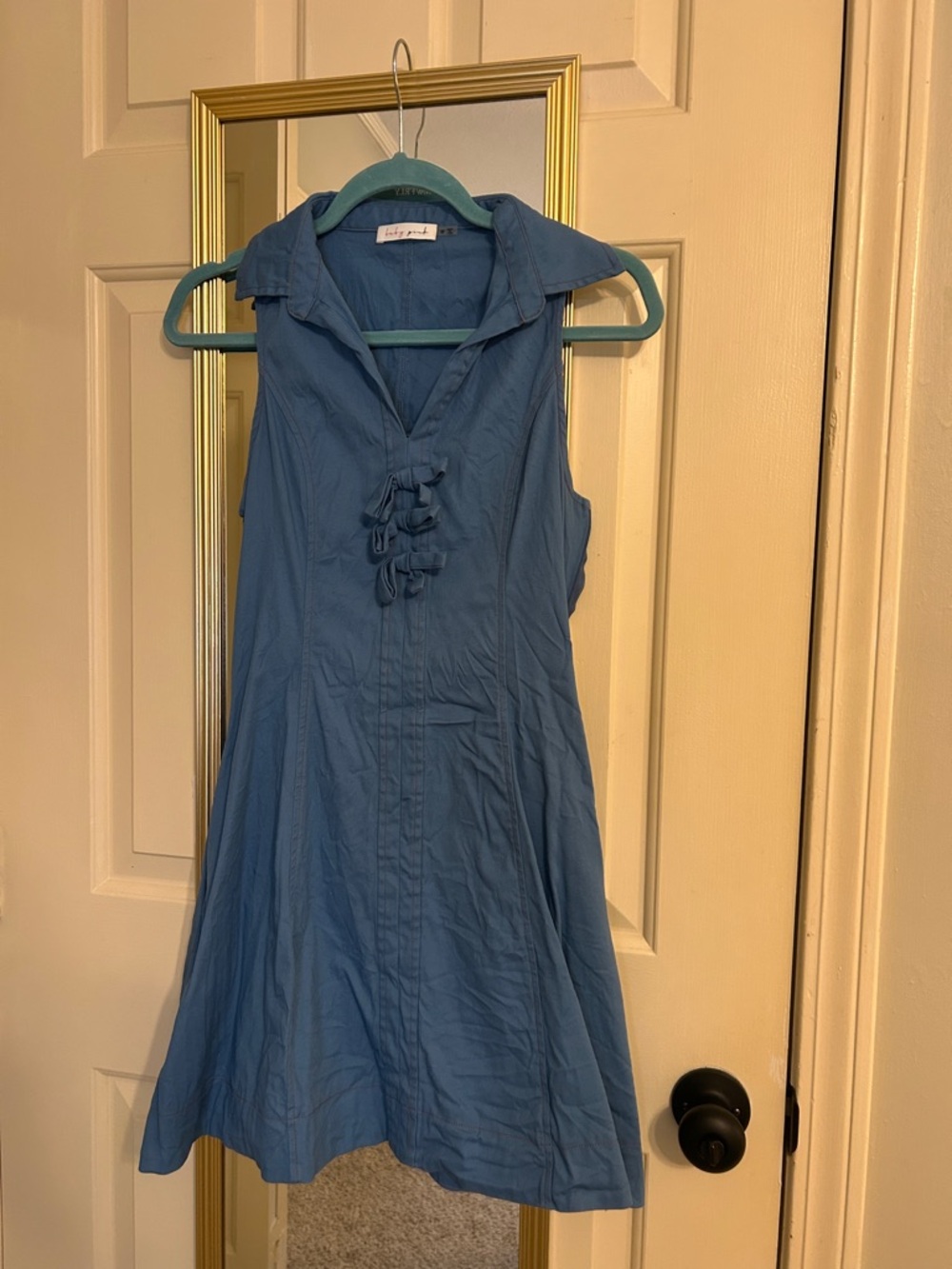 Sleeveless Collared Blue A-Line Dress with Front Tie Detail